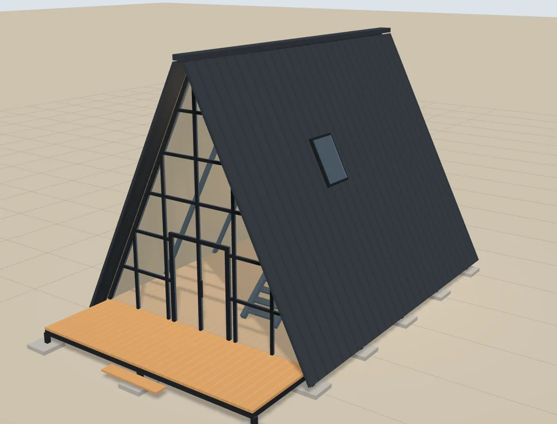 Cabaña A-frame de 8 metros con cubierta negra, ventanal frontal acristalado y terraza de madera